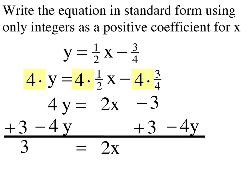 Write the equation in standard form using only integers as a positive coefficient for x