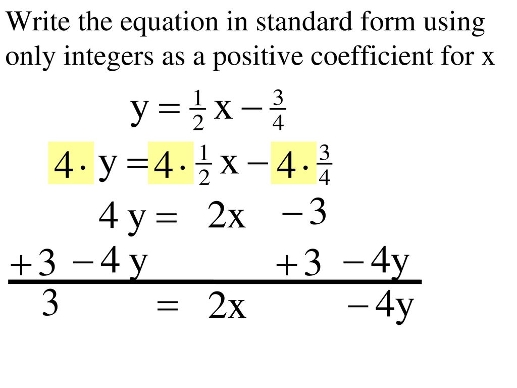 Write the equation in standard form using only integers as a positive coefficient for x