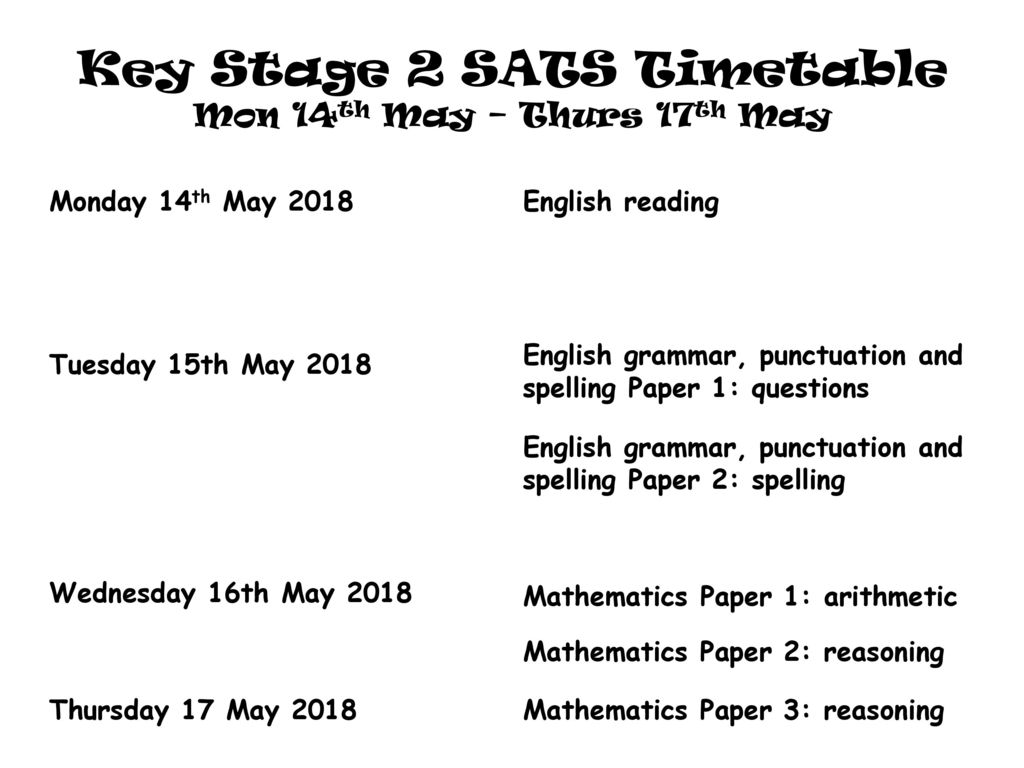 Key Stage 2 SATS Timetable Mon 14th May – Thurs 17th May