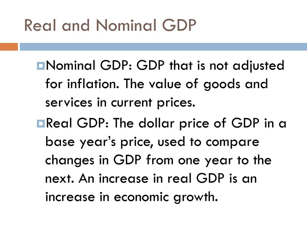 Real and Nominal GDP Nominal GDP: GDP that is not adjusted for inflation. The value of goods and services in current prices.