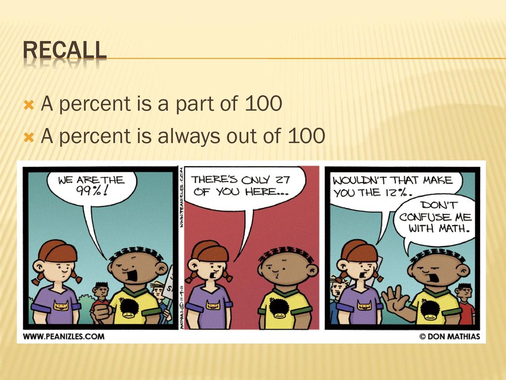 Recall A percent is a part of 100 A percent is always out of 100