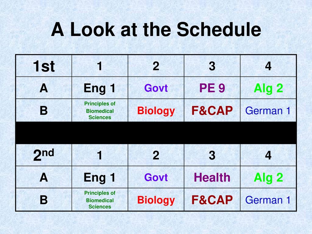 A Look at the Schedule 1st 2nd A Eng 1 PE 9 Alg 2 B F&CAP