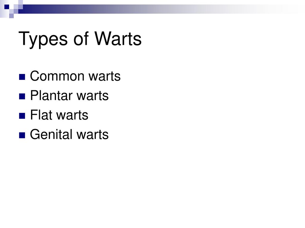 Types of Warts Common warts Plantar warts Flat warts Genital warts