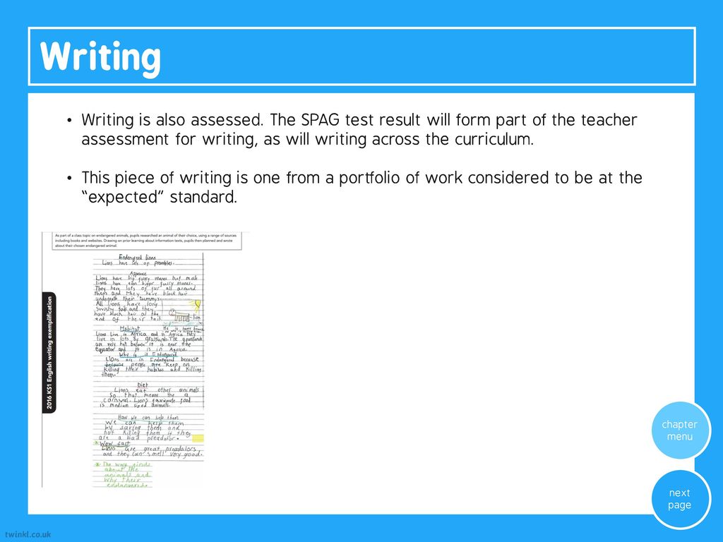 Writing Writing is also assessed. The SPAG test result will form part of the teacher assessment for writing, as will writing across the curriculum.