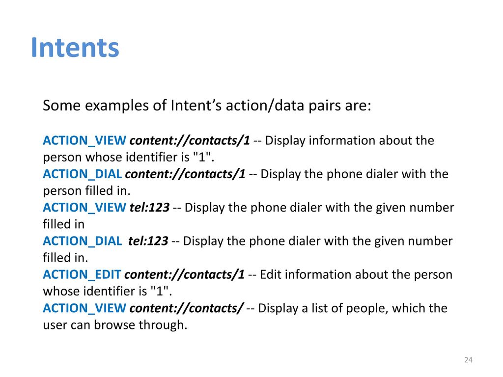 Intents Some examples of Intent’s action/data pairs are: