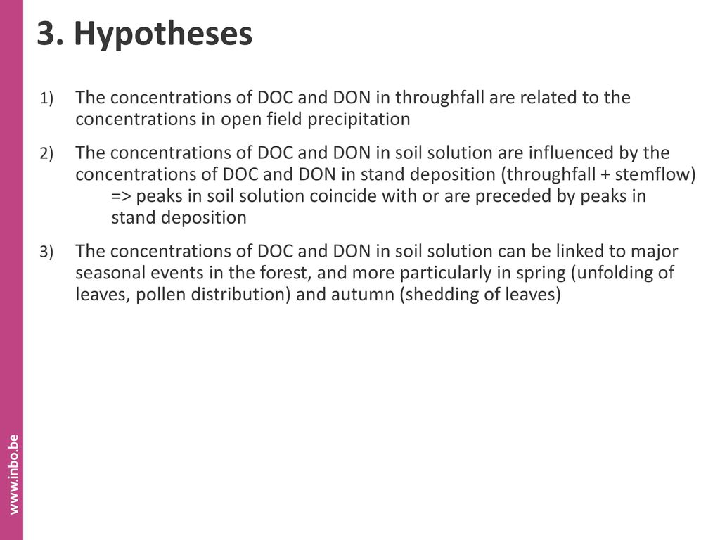 3. Hypotheses The concentrations of DOC and DON in throughfall are related to the concentrations in open field precipitation.