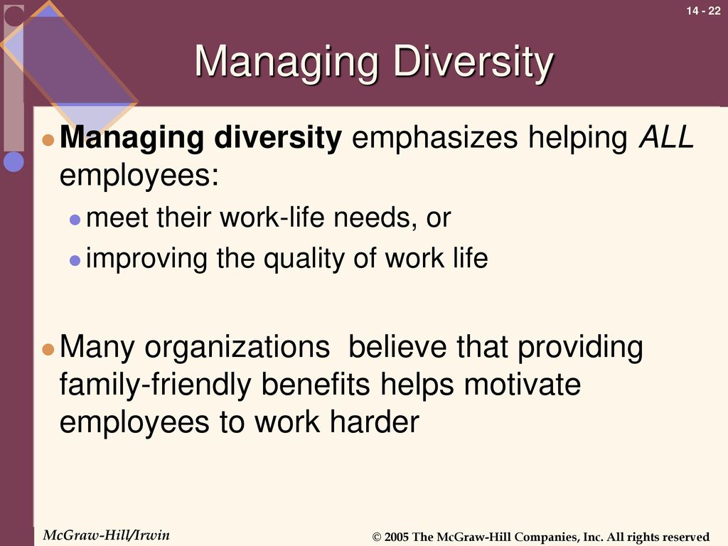 Managing Diversity Managing diversity emphasizes helping ALL employees: meet their work-life needs, or.