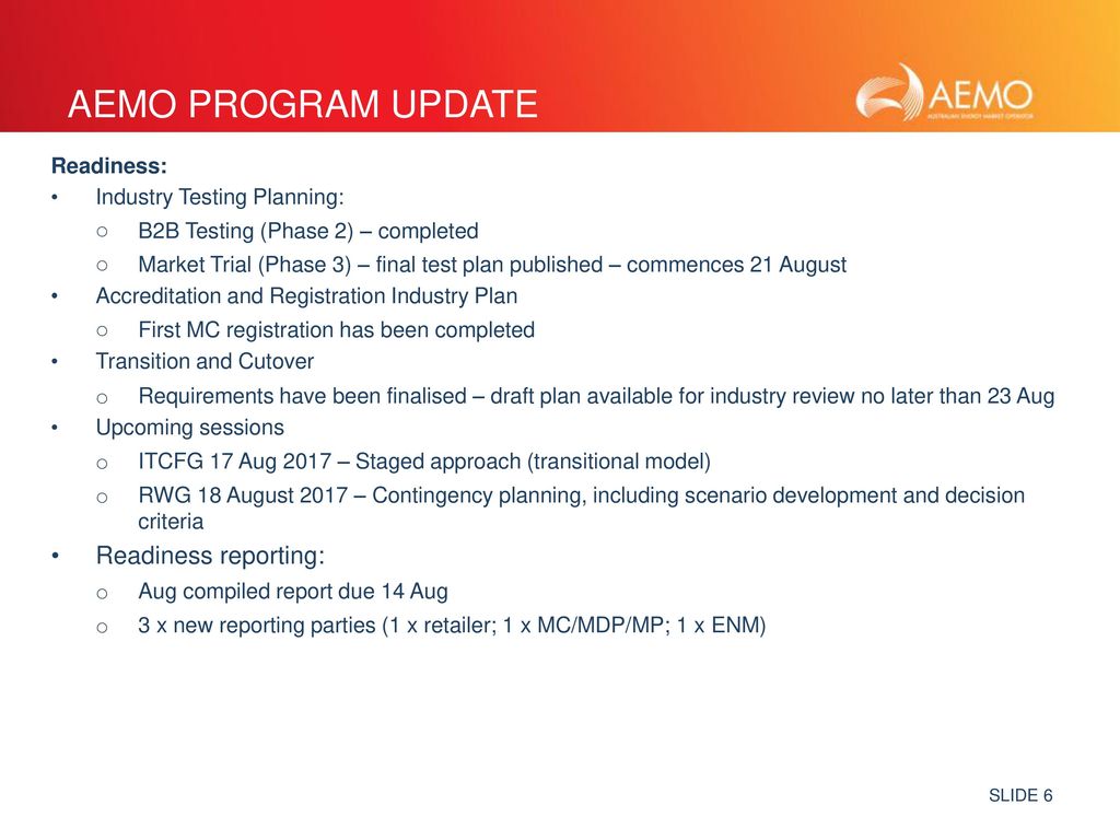 AEMO Program Update Readiness reporting: Readiness: