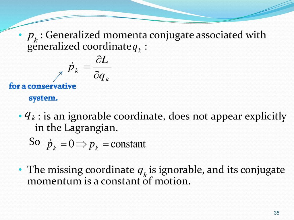pk : Generalized momenta conjugate associated with generalized coordinate :