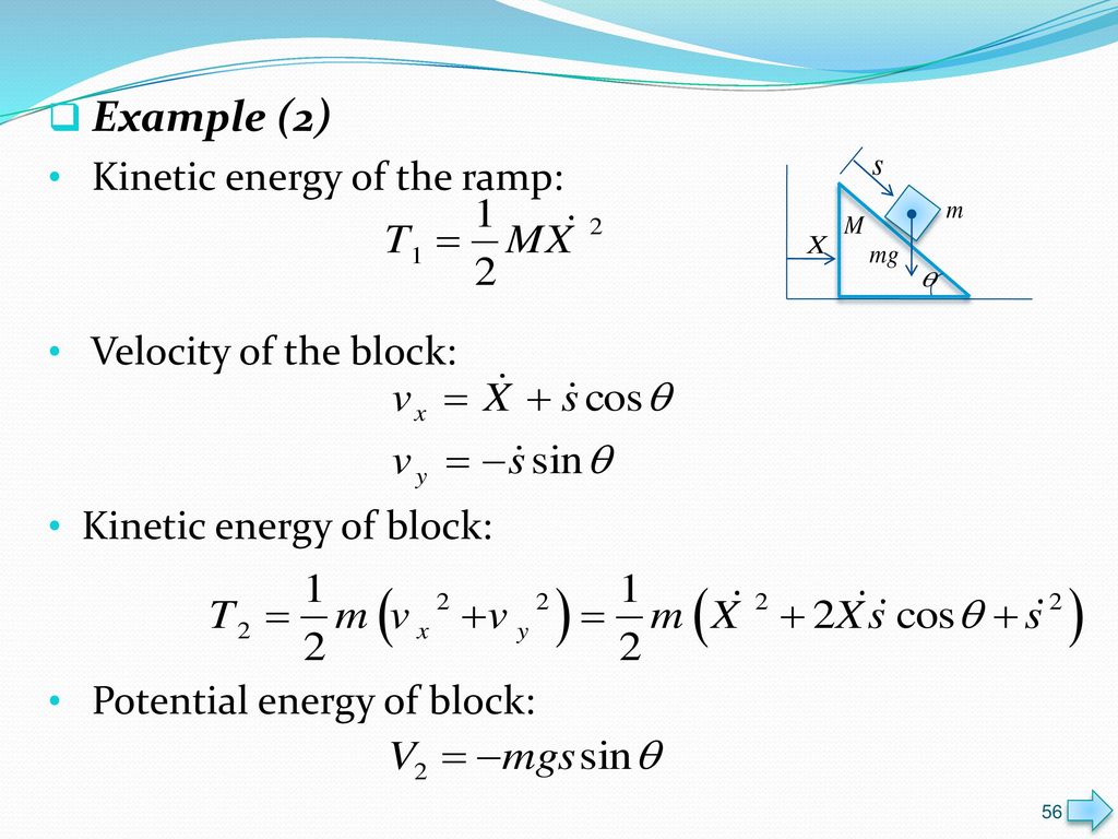 Example (2) Kinetic energy of the ramp: Velocity of the block: Kinetic energy of block: Potential energy of block: