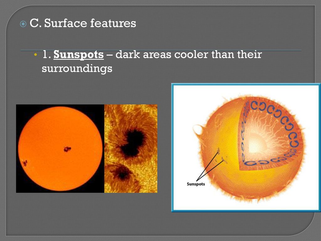 C. Surface features 1. Sunspots – dark areas cooler than their surroundings