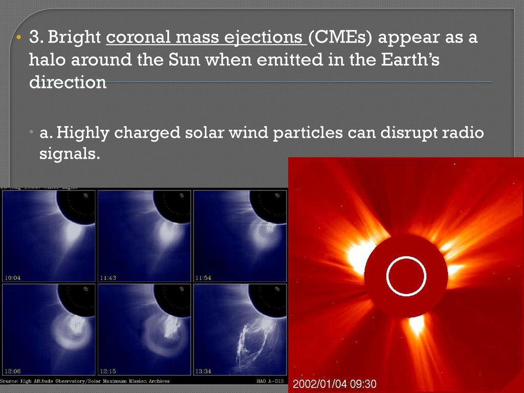 3. Bright coronal mass ejections (CMEs) appear as a halo around the Sun when emitted in the Earth’s direction