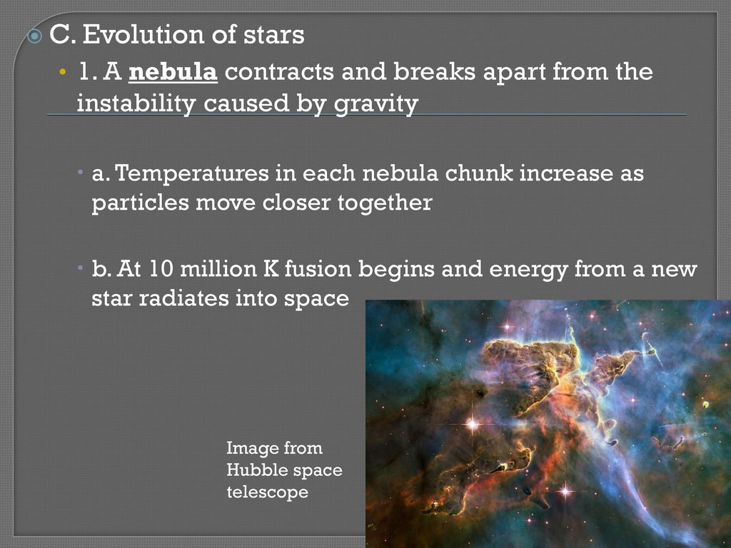 C. Evolution of stars 1. A nebula contracts and breaks apart from the instability caused by gravity.