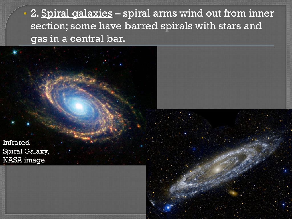2. Spiral galaxies – spiral arms wind out from inner section; some have barred spirals with stars and gas in a central bar.