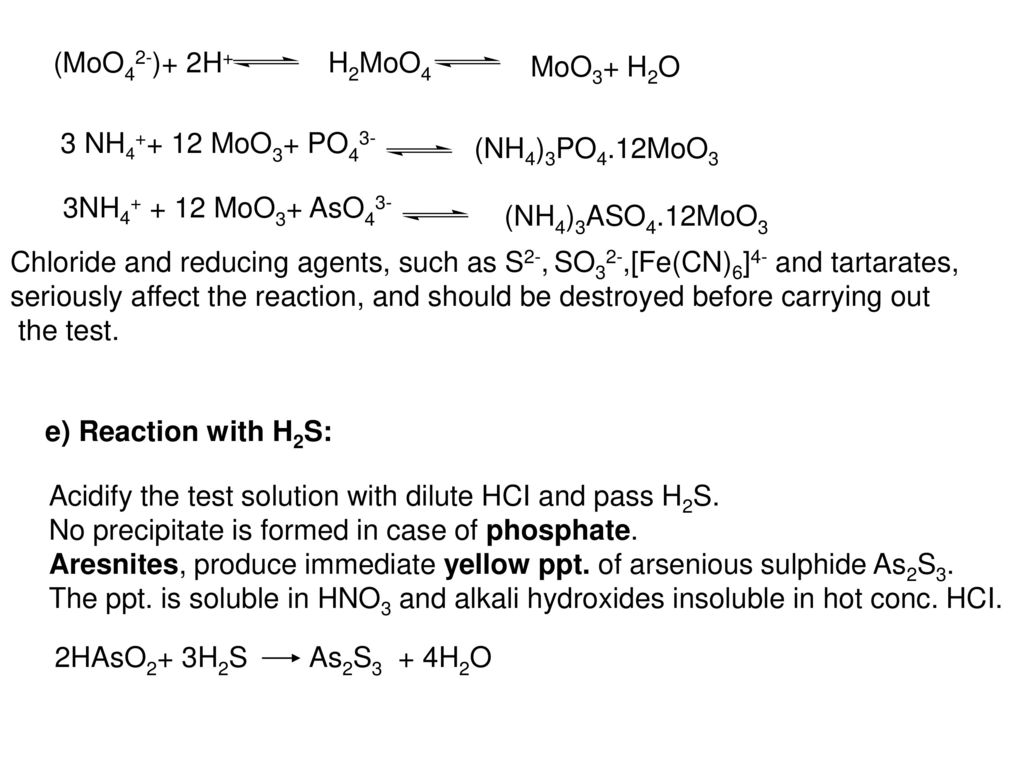 (MoO42-)+ 2H+ H2MoO4. MoO3+ H2O. 3 NH MoO3+ PO43- (NH4)3PO4.12MoO3. 3NH MoO3+ AsO43-