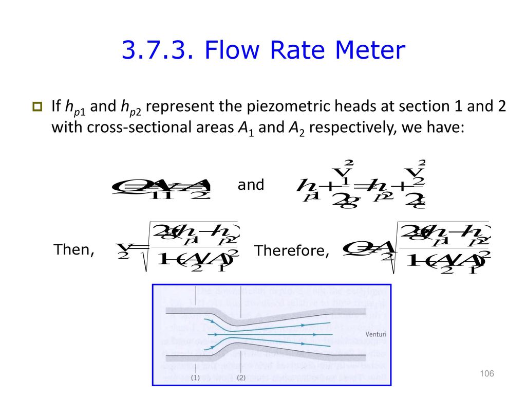 Flow Rate Meter If hp1 and hp2 represent the piezometric heads at section 1 and 2 with cross-sectional areas A1 and A2 respectively, we have: