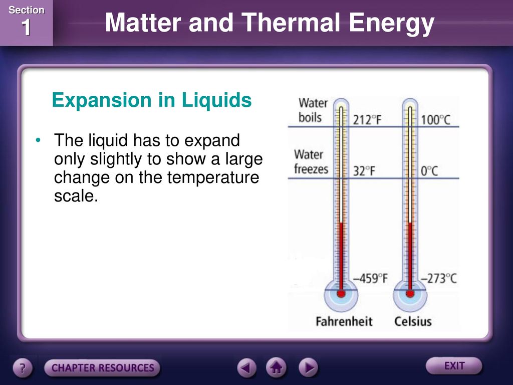 Expansion in Liquids The liquid has to expand only slightly to show a large change on the temperature scale.