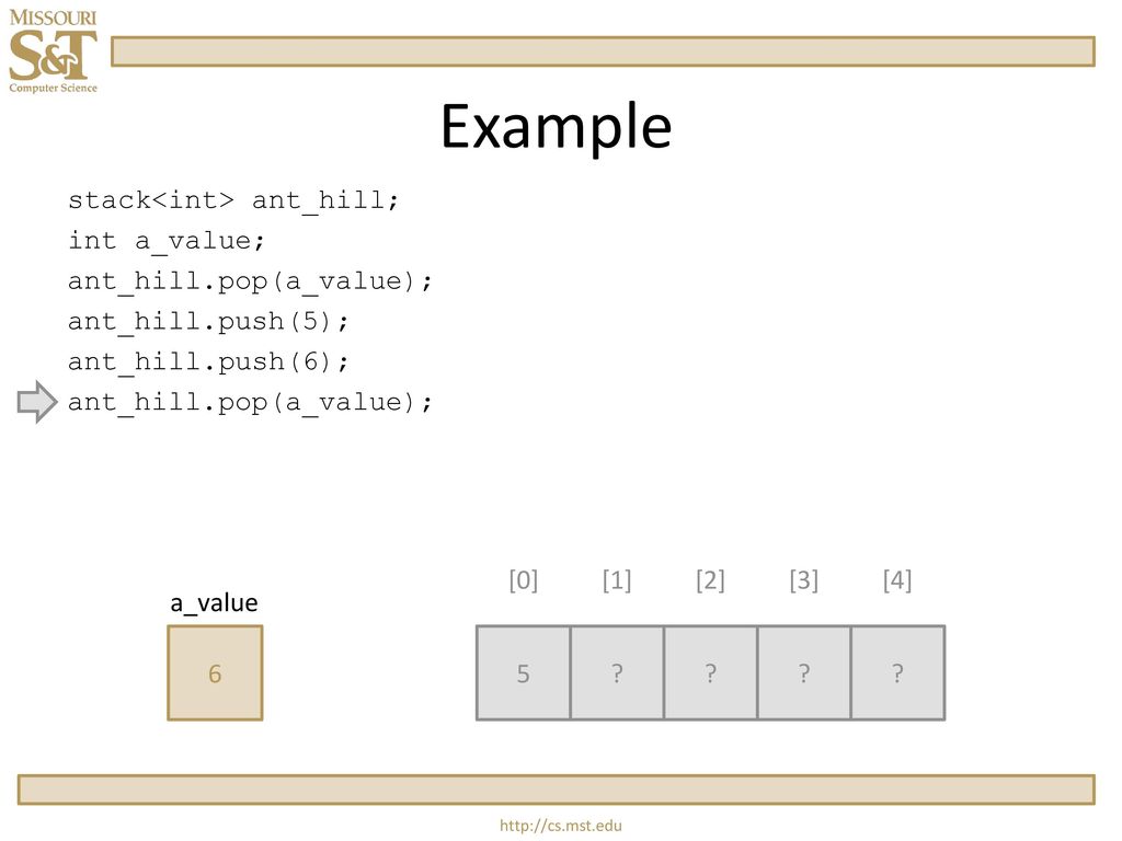 Example stack<int> ant_hill; int a_value; ant_hill.pop(a_value);