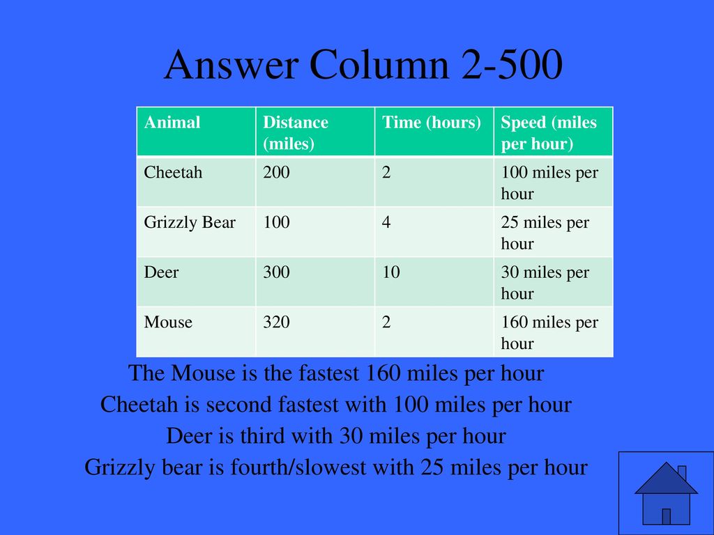 Answer Column The Mouse is the fastest 160 miles per hour