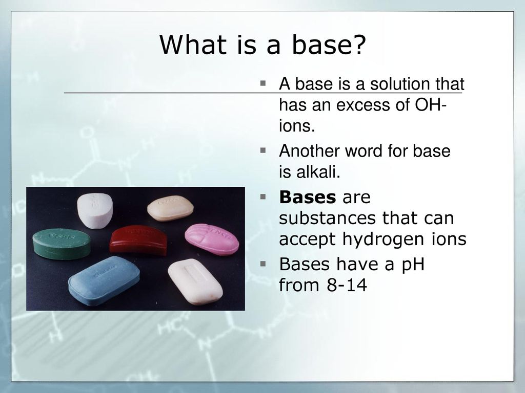 What is a base A base is a solution that has an excess of OH- ions.