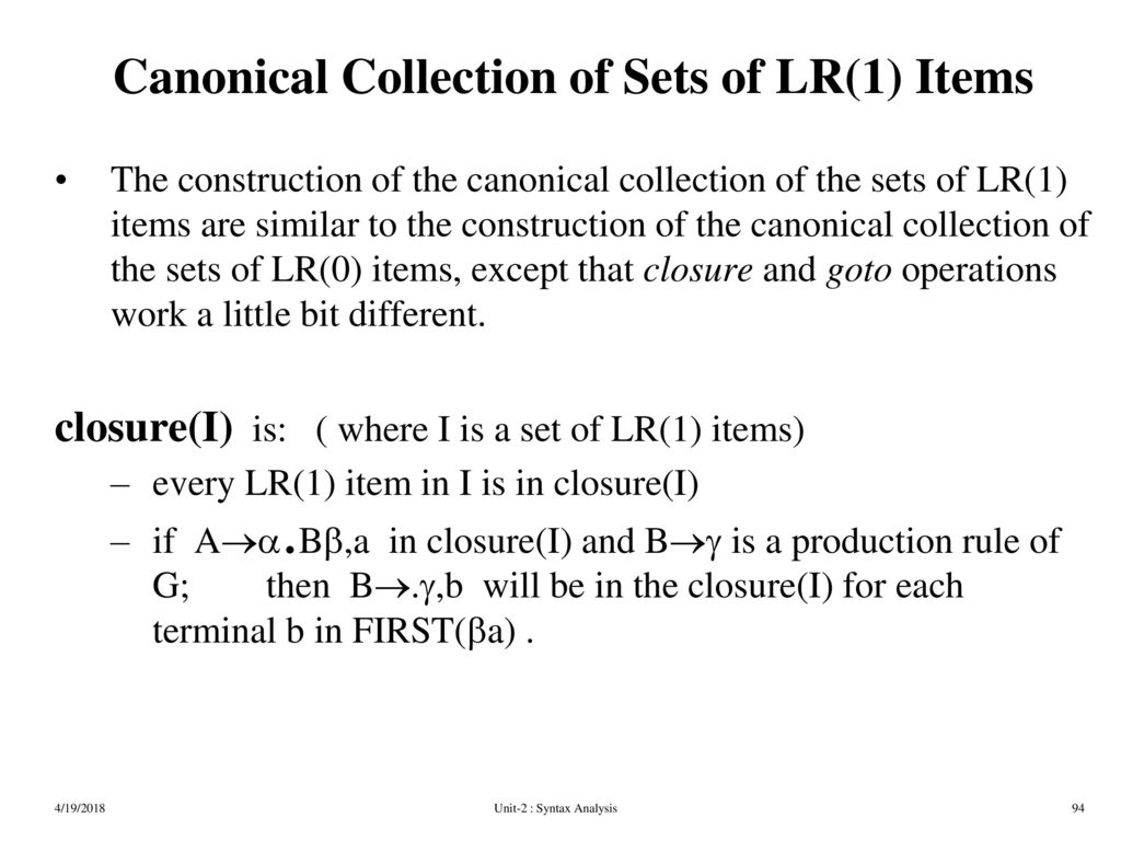 Canonical Collection of Sets of LR(1) Items