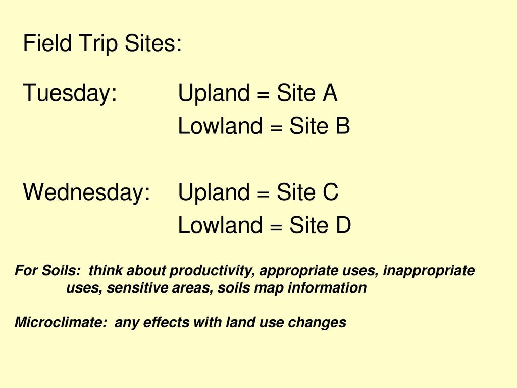 Tuesday: Upland = Site A Lowland = Site B Wednesday: Upland = Site C