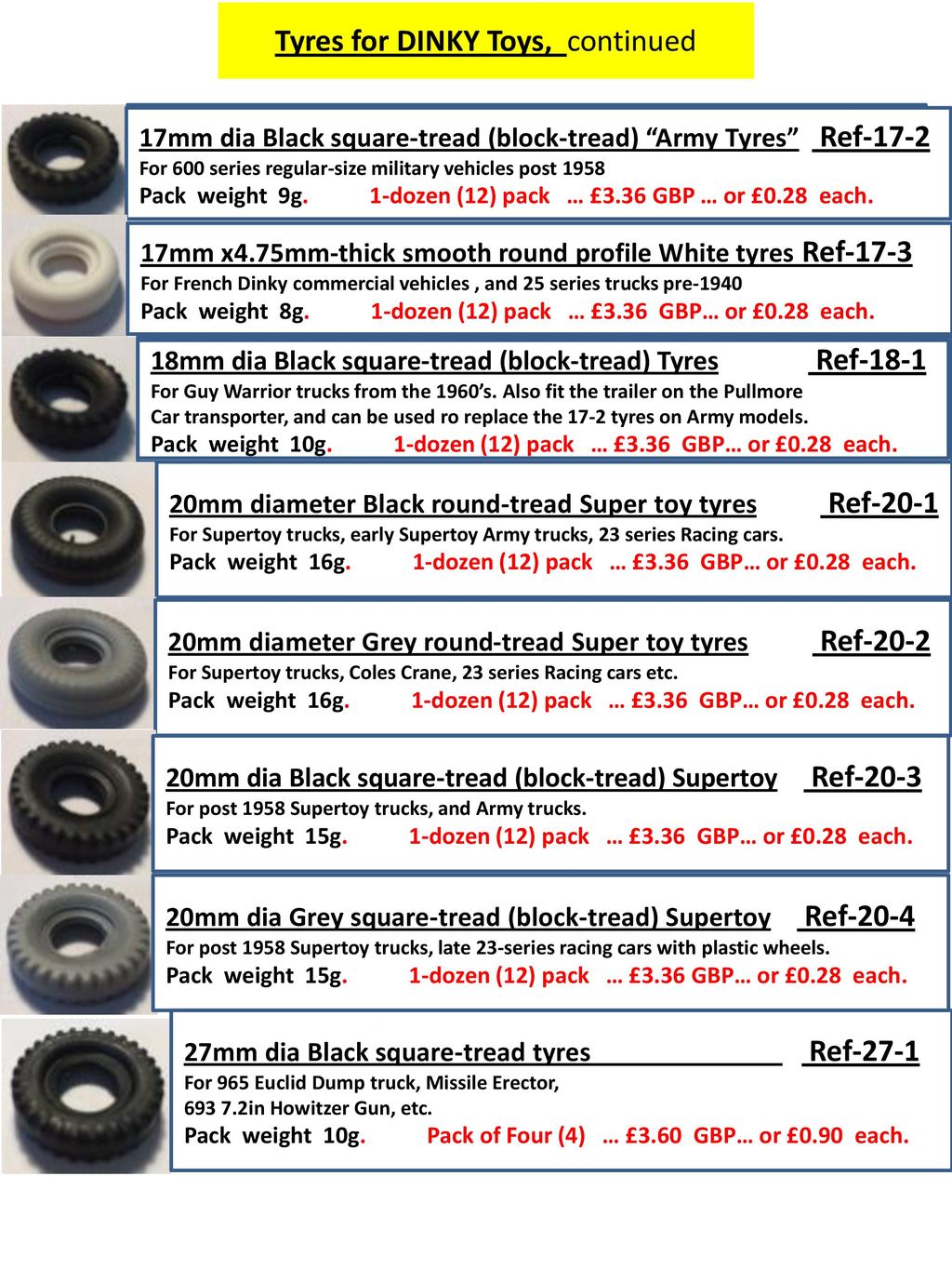 DINKY 12  17mm  White Smooth Tires for PRE-WAR Dinky 25 Series Trucks etc. 