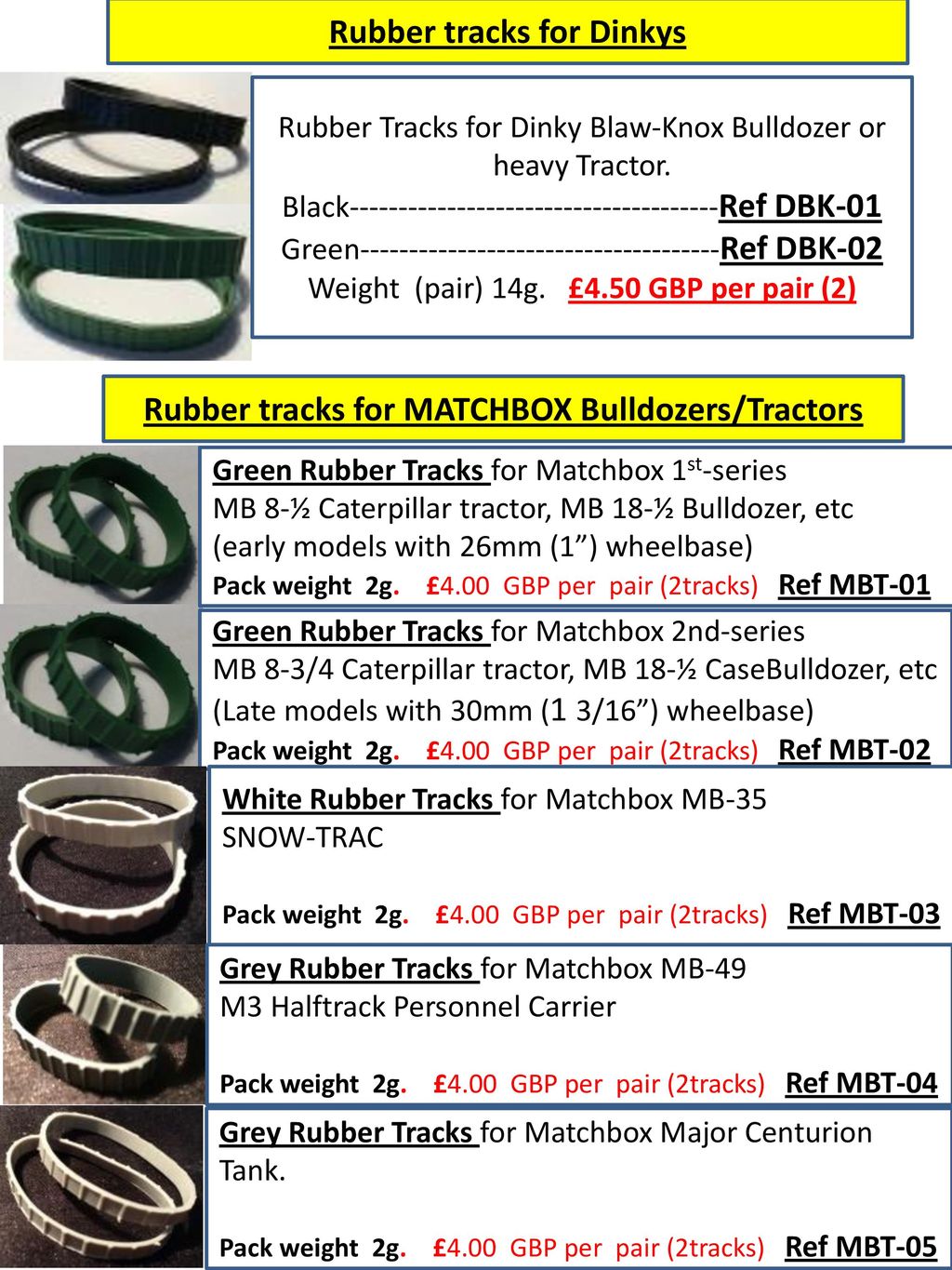 Pair of Matchbox Kingsize Reproduction Rubber Tracks Black or Green K3 K17 K8 