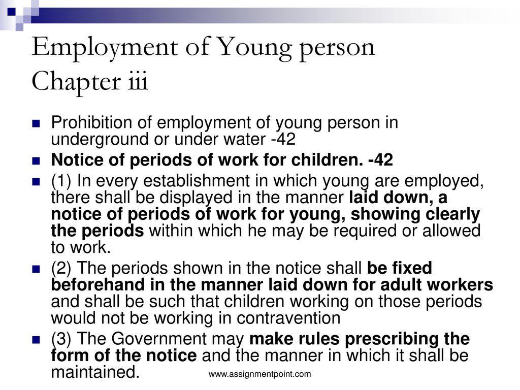 Employment of Young person Chapter iii