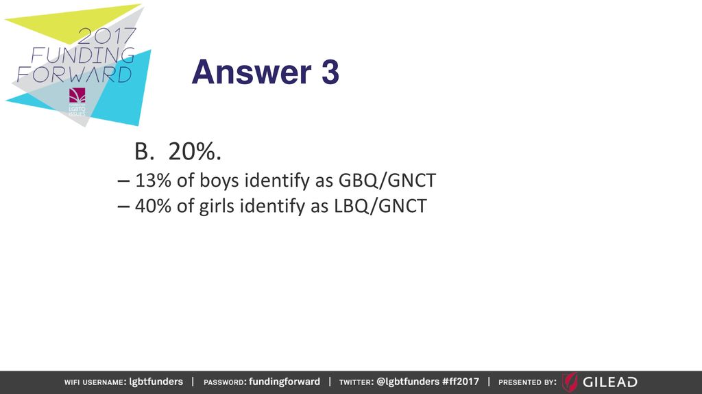 Answer 3 B. 20%. 13% of boys identify as GBQ/GNCT
