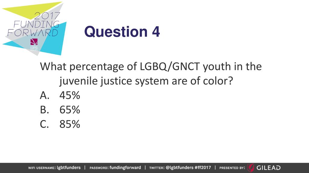 Question 4 What percentage of LGBQ/GNCT youth in the juvenile justice system are of color 45% 65%