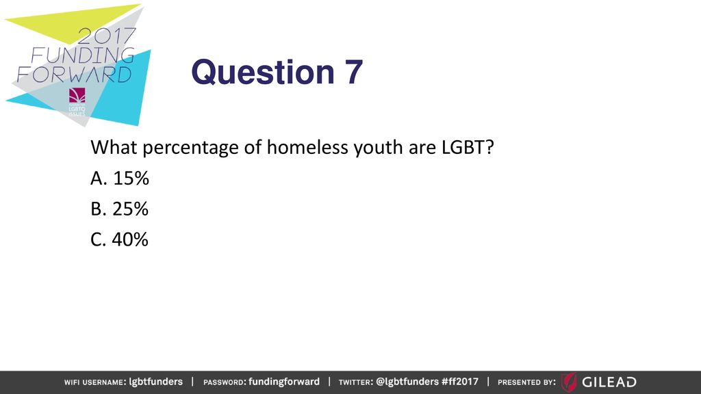 Question 7 What percentage of homeless youth are LGBT A. 15% B. 25% C. 40%