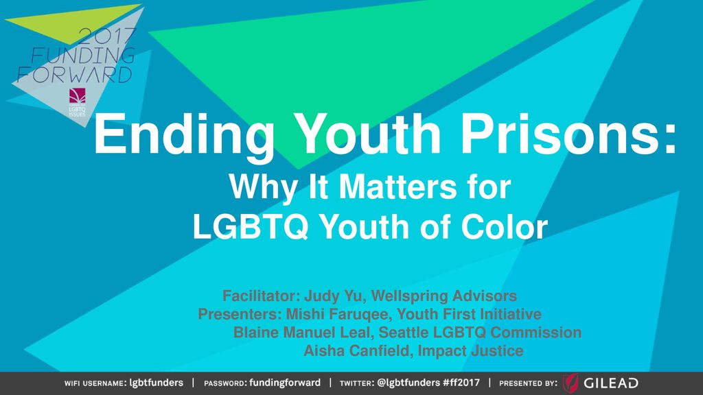 Ending Youth Prisons: Why It Matters for LGBTQ Youth of Color Facilitator: Judy Yu, Wellspring Advisors Presenters: Mishi Faruqee, Youth First Initiative Blaine Manuel Leal, Seattle LGBTQ Commission Aisha Canfield, Impact Justice