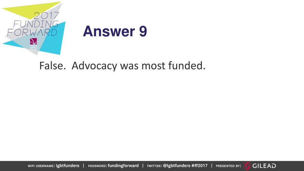 Answer 9 False. Advocacy was most funded.