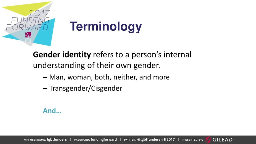 Terminology Gender identity refers to a person’s internal understanding of their own gender. Man, woman, both, neither, and more.