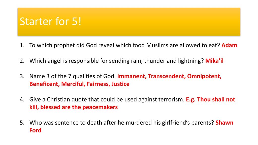 Starter for 5! To which prophet did God reveal which food Muslims are allowed to eat Adam.