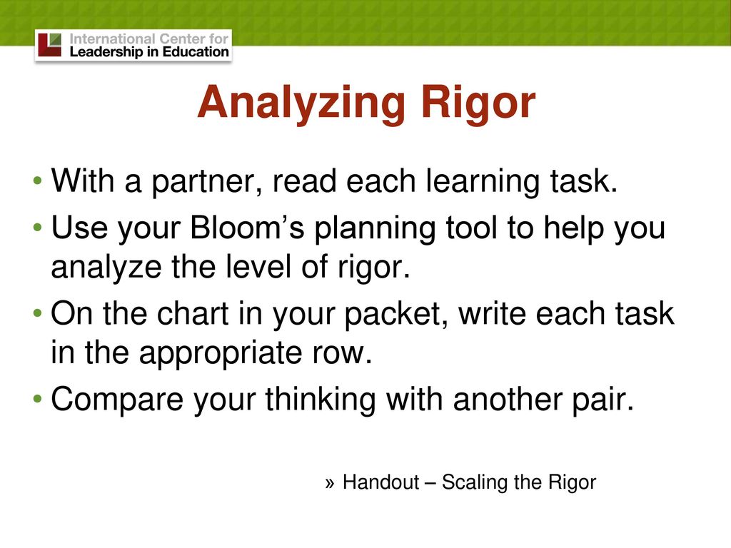 Analyzing Rigor With a partner, read each learning task.