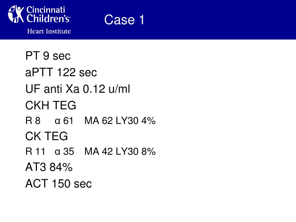 Case 1 PT 9 sec aPTT 122 sec UF anti Xa 0.12 u/ml CKH TEG CK TEG