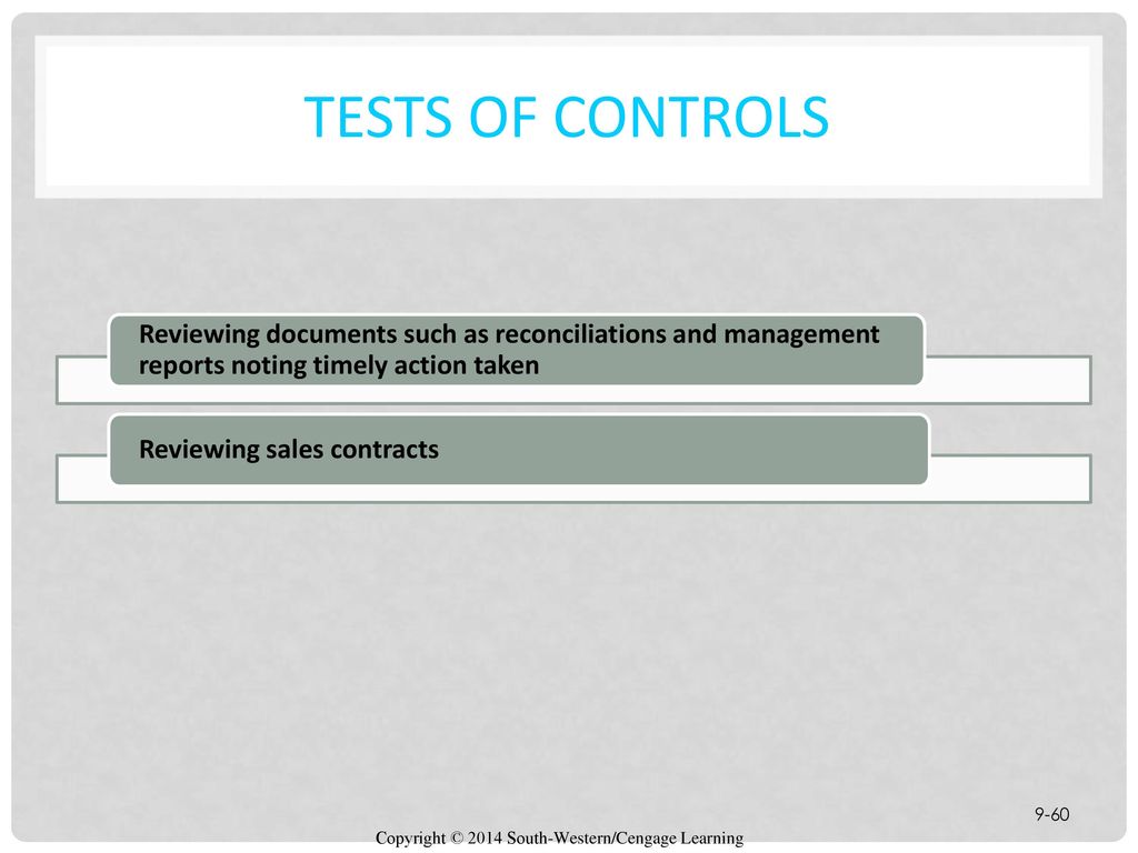 tests of controls Reviewing documents such as reconciliations and management reports noting timely action taken.
