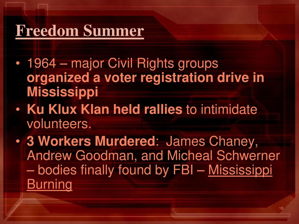 Freedom Summer 1964 – major Civil Rights groups organized a voter registration drive in Mississippi.
