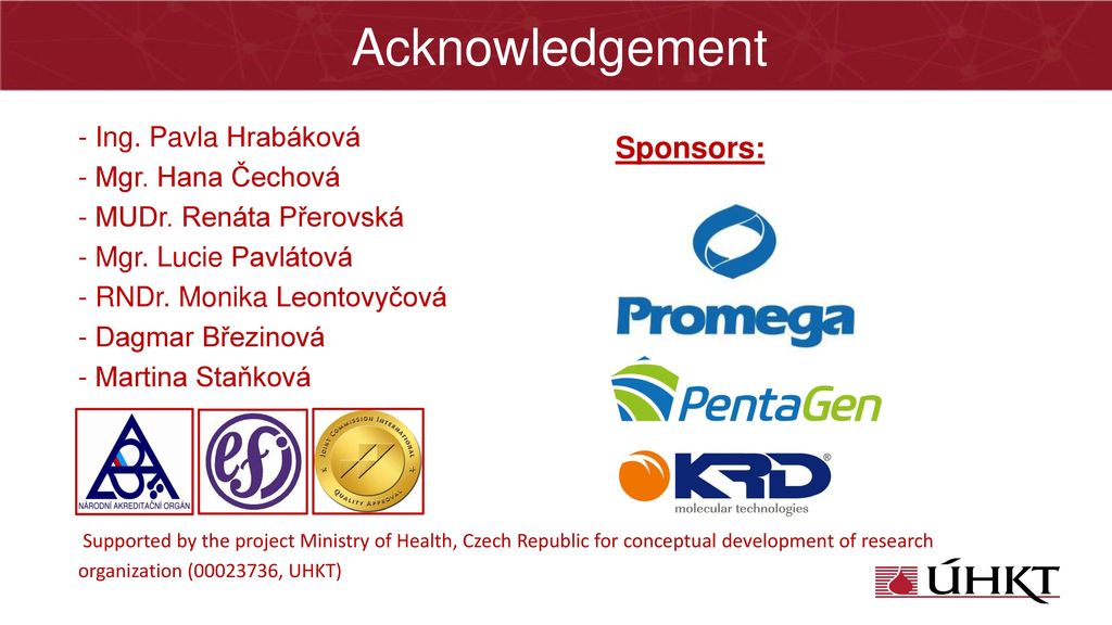 Acknowledgement Sponsors: - Ing. Pavla Hrabáková - Mgr. Hana Čechová
