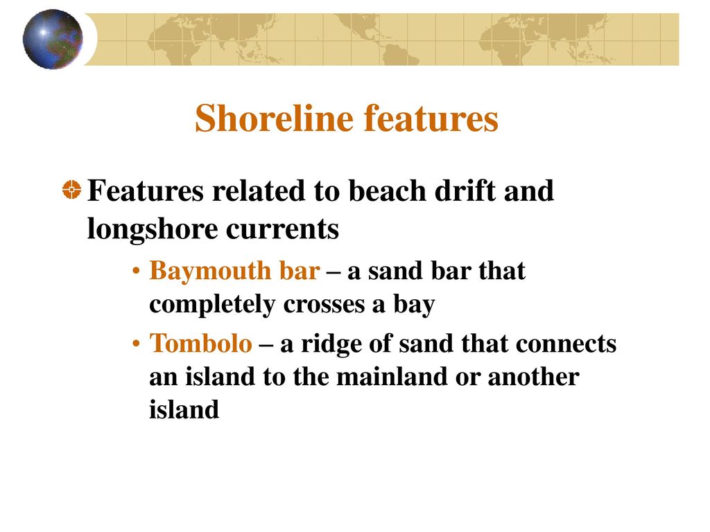 Shoreline features Features related to beach drift and longshore currents. Baymouth bar – a sand bar that completely crosses a bay.