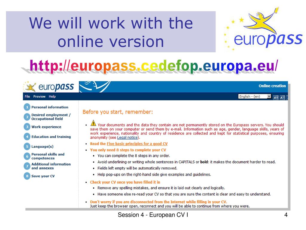 Session 4 European CV (I) Steps 1 to ppt download