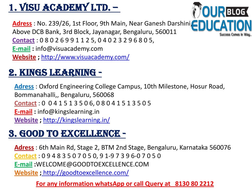1. Visu Academy Ltd. – 2. Kings Learning - 3. Good To Excellence -
