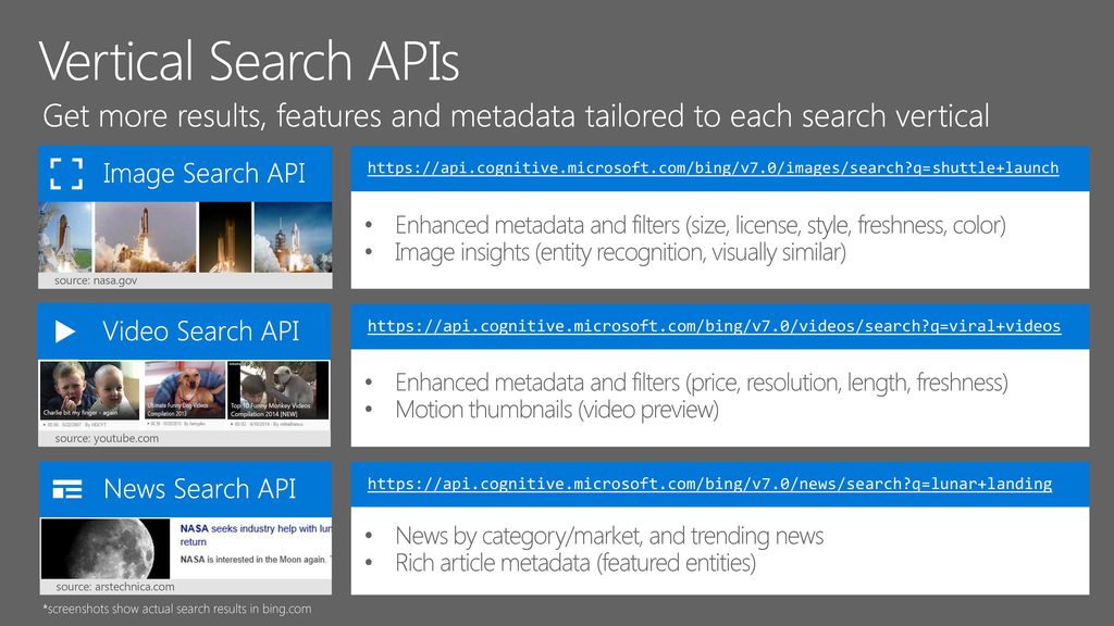 Microsoft Build /23/2018 7:04 AM. Vertical Search APIs. Get more results, features and metadata tailored to each search vertical.
