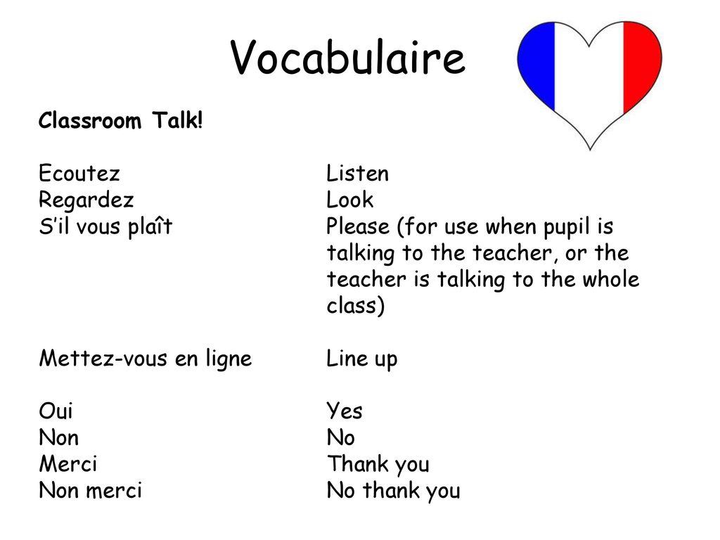 Vocabulaire Classroom Talk! Ecoutez Listen Regardez Look