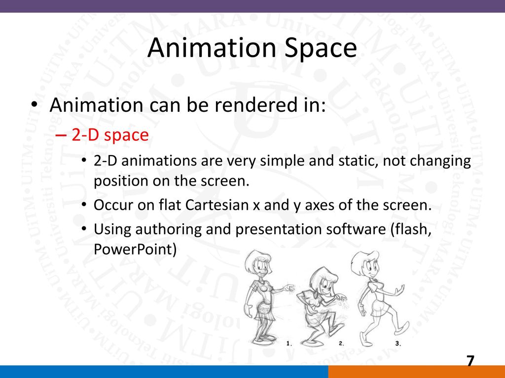 Animation Space Animation can be rendered in: 2-D space