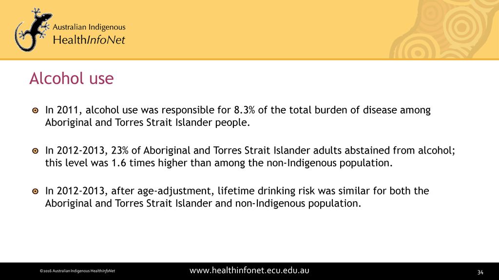 Alcohol use In 2011, alcohol use was responsible for 8.3% of the total burden of disease among Aboriginal and Torres Strait Islander people.