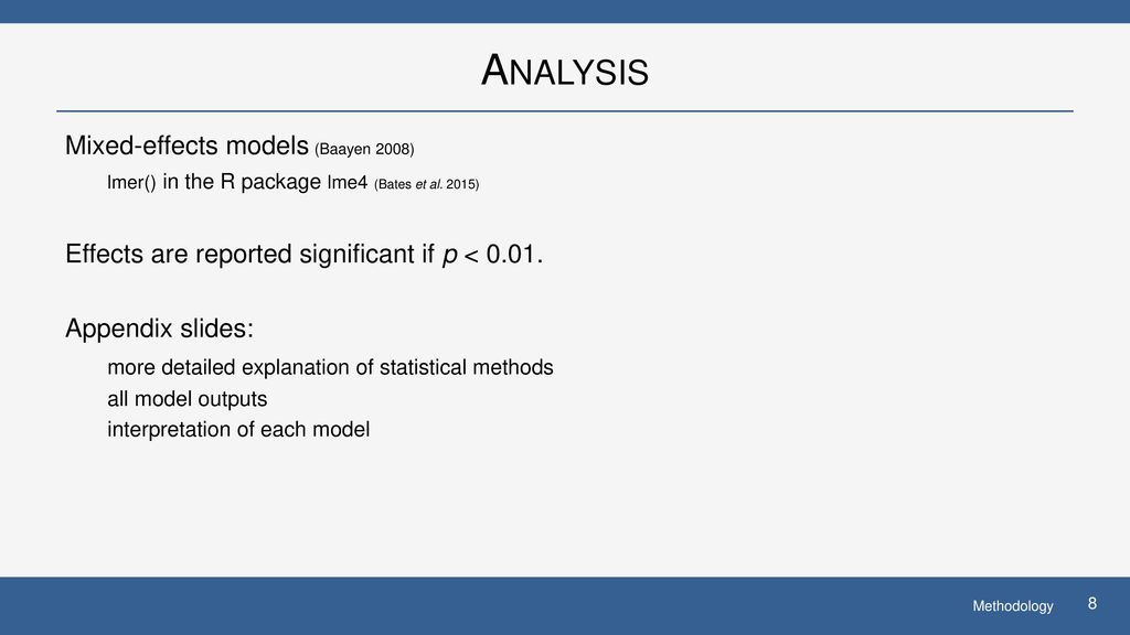 Analysis Mixed-effects models (Baayen 2008)