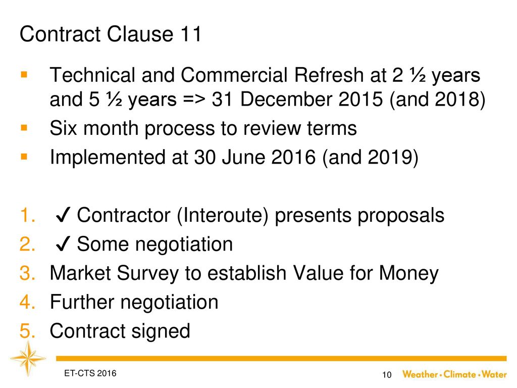 Contract Clause 11 Technical and Commercial Refresh at 2 ½ years and 5 ½ years => 31 December 2015 (and 2018)